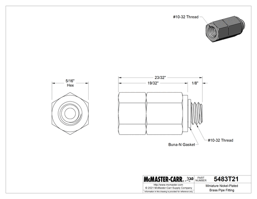Technical drawing of Miniature Nickel-Plated Brass Pipe Fitting, Low-Pressure, Adapter with Swivel, 10-32 UNF Female x Male.